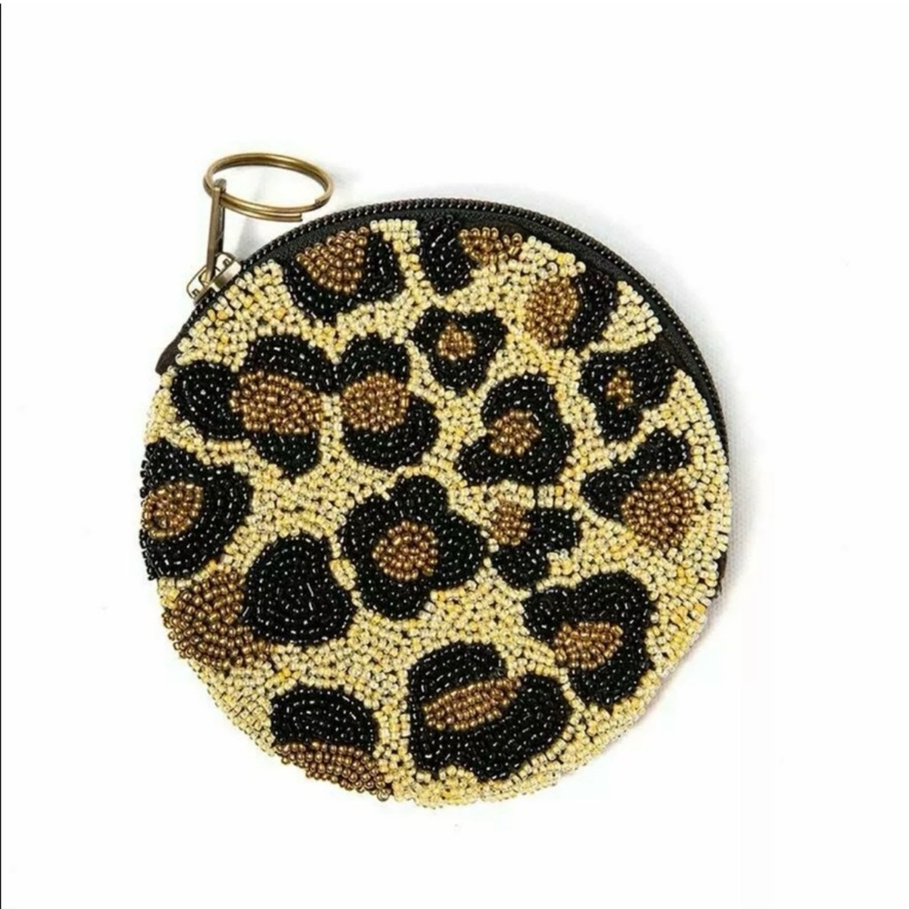 NWT Ink + Alloy Cheetah Gold and Black Embroidery Round Zip Beaded Wallet Bag - Picture 2 of 4